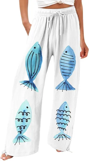 Women High Waisted Cotton Linen Boho Palazzo Pants Fish Art Printed Wide Leg Long Japanese Pant Trousers with Pockets