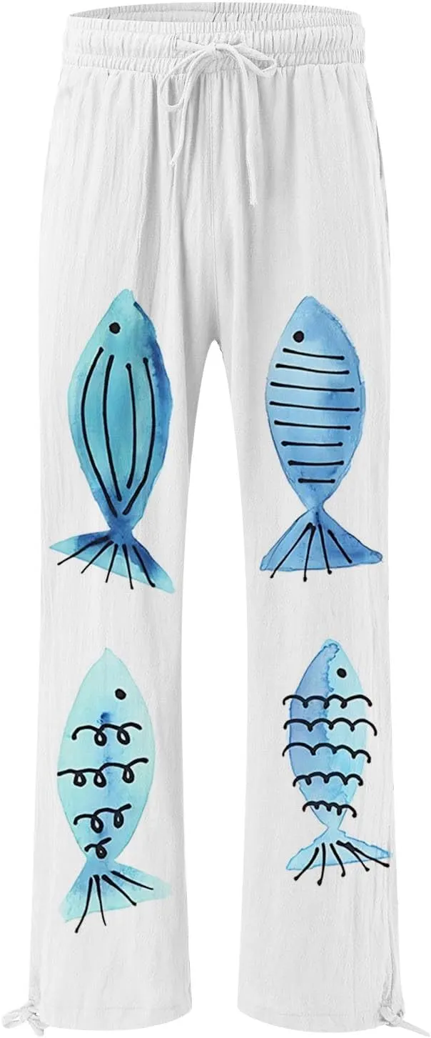 Women High Waisted Cotton Linen Boho Palazzo Pants Fish Art Printed Wide Leg Long Japanese Pant Trousers with Pockets