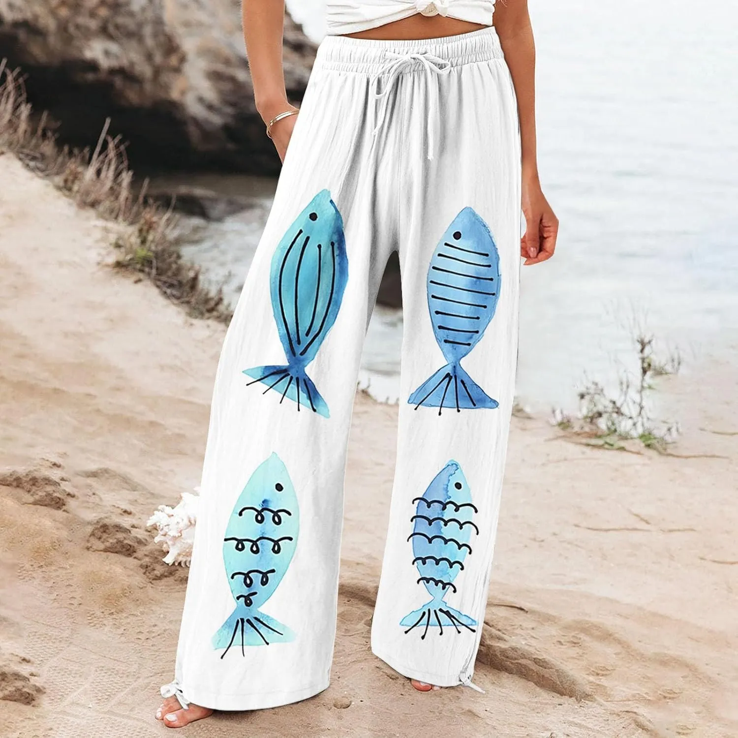 Women High Waisted Cotton Linen Boho Palazzo Pants Fish Art Printed Wide Leg Long Japanese Pant Trousers with Pockets
