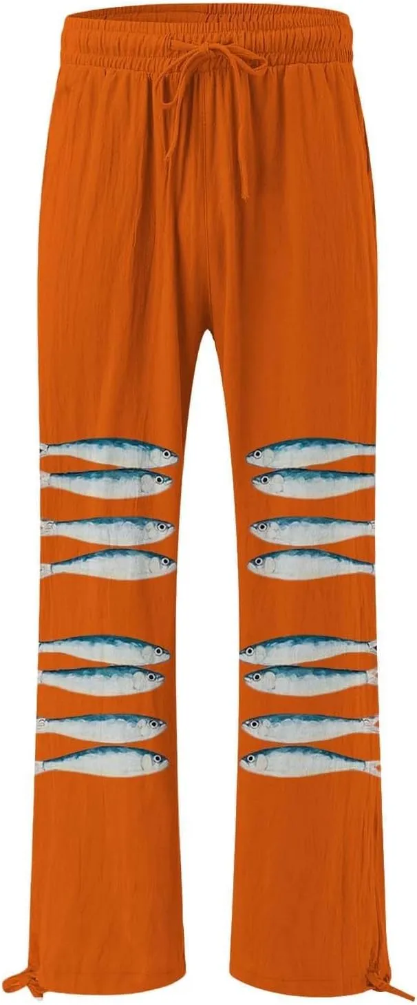 Women High Waisted Cotton Linen Palazzo Pants Dog Fish Graphic Wide Leg Long Japanese Pants Trousers with Pockets