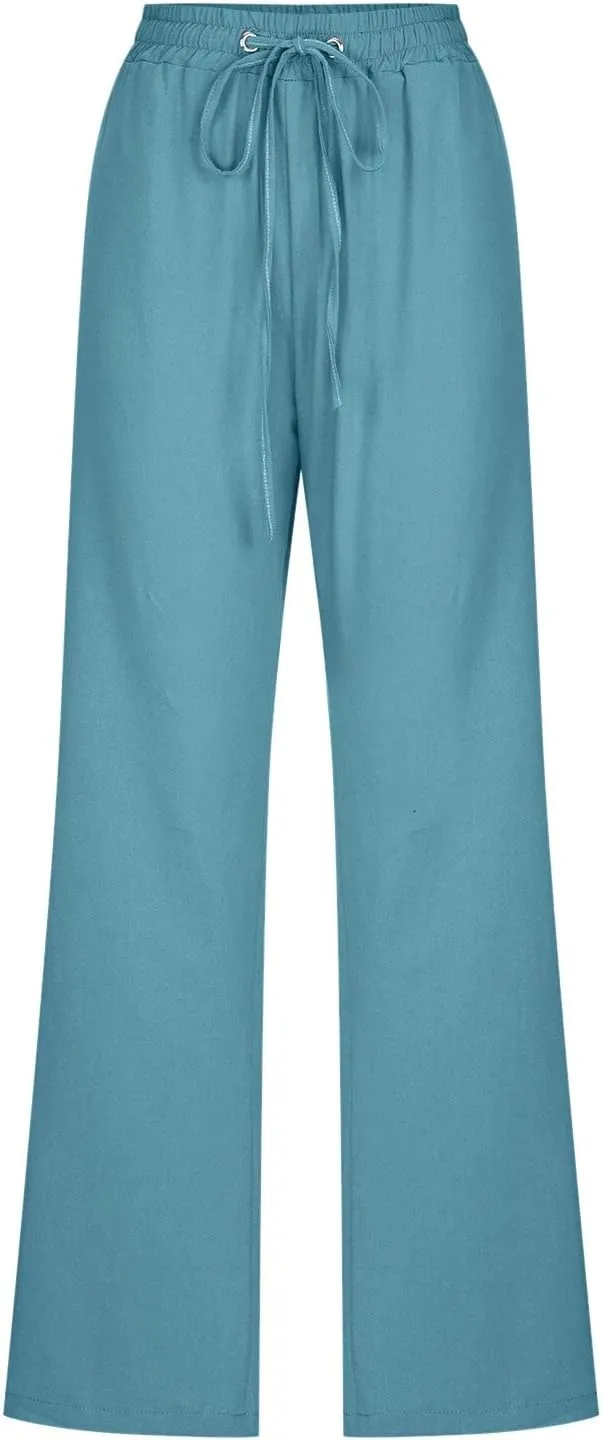 Women High Waisted Wide Leg Solid Color Pants Casual Drawstring Elastic Trousers Comfy Straight Leg Long