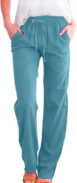 Women High Waisted Wide Leg Solid Color Pants Casual Drawstring Elastic Trousers Comfy Straight Leg Long