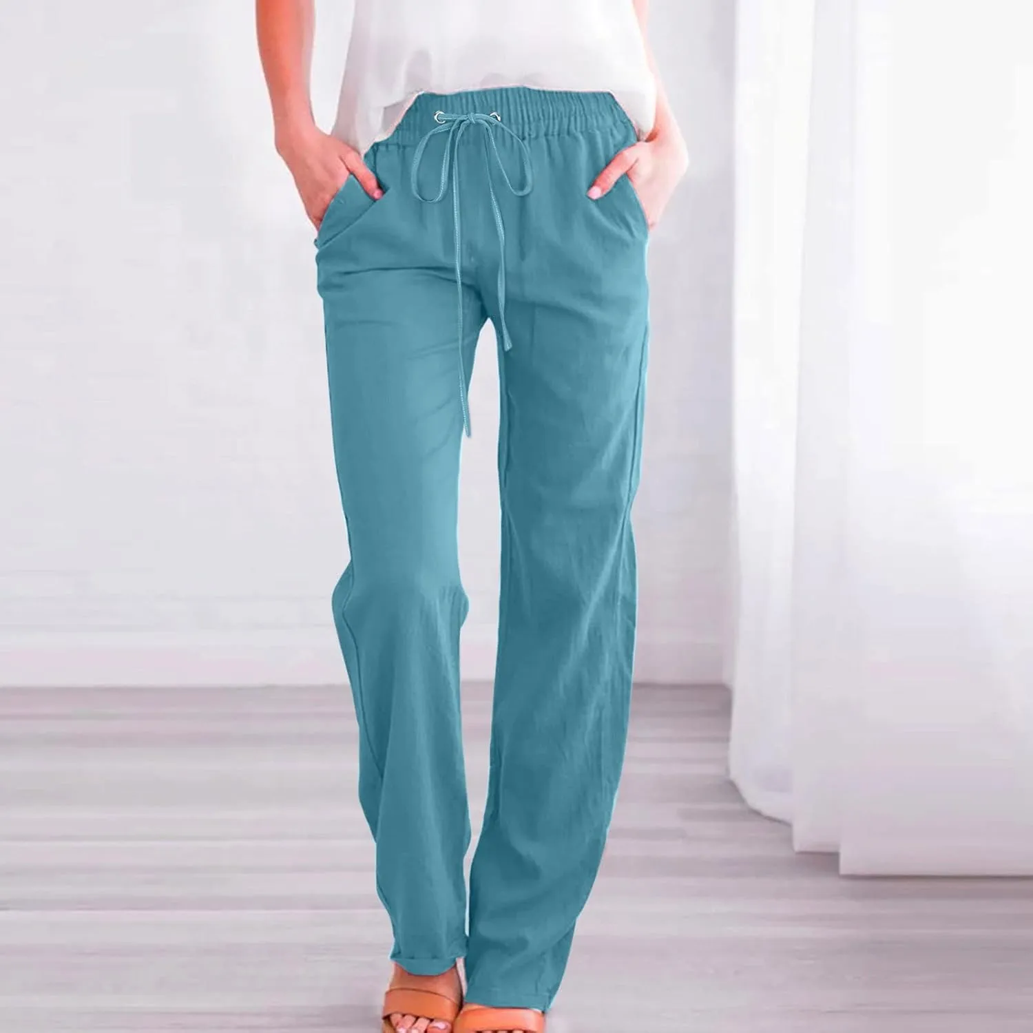 Women High Waisted Wide Leg Solid Color Pants Casual Drawstring Elastic Trousers Comfy Straight Leg Long