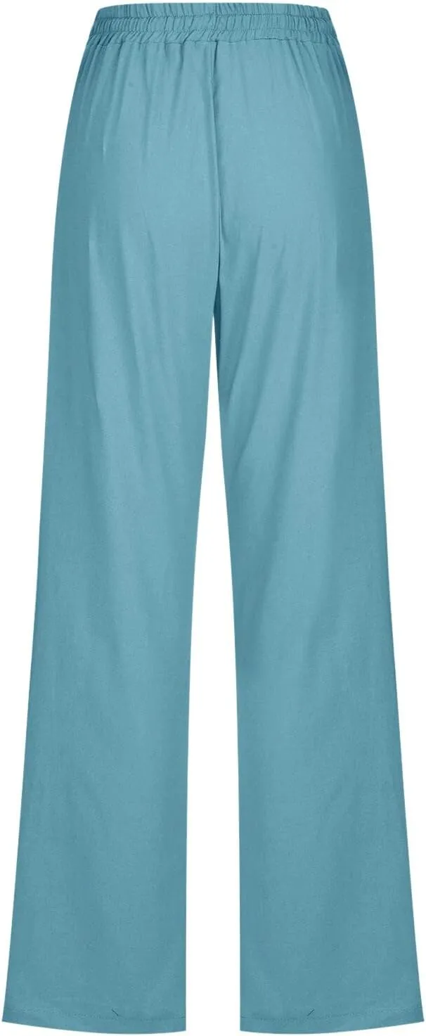 Women High Waisted Wide Leg Solid Color Pants Casual Drawstring Elastic Trousers Comfy Straight Leg Long