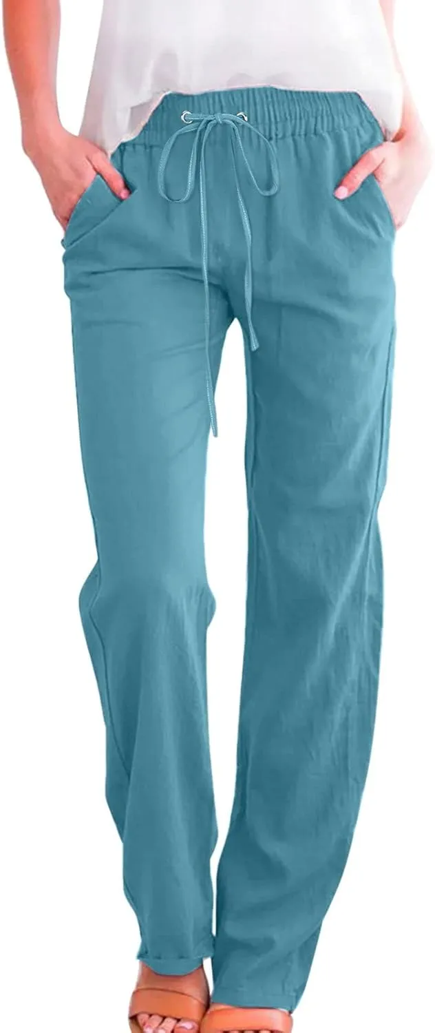 Women High Waisted Wide Leg Solid Color Pants Casual Drawstring Elastic Trousers Comfy Straight Leg Long