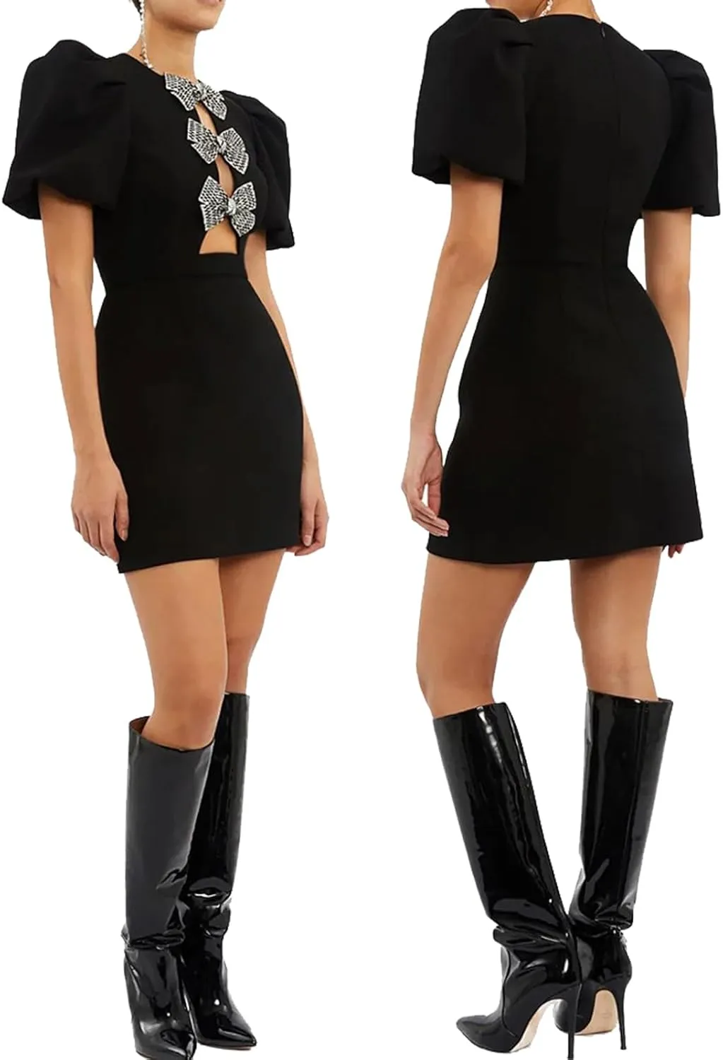 Women Hollow Out Bow Dress for O Neck Bodycon Dresses Female Party Elegant Sexy Slim Evening Mini Dresses for Women Formal