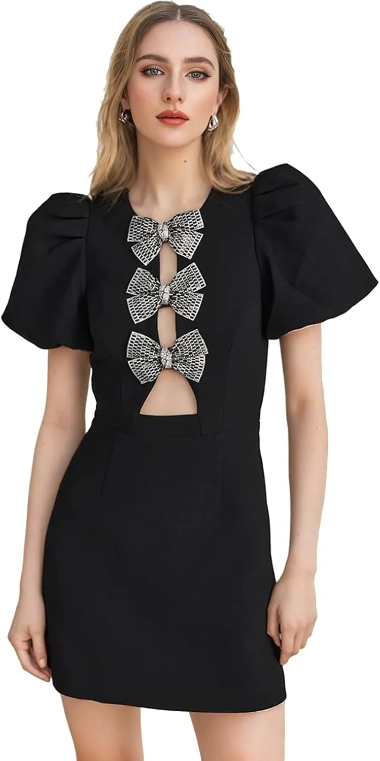 Women Hollow Out Bow Dress for O Neck Bodycon Dresses Female Party Elegant Sexy Slim Evening Mini Dresses for Women Formal