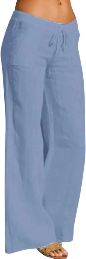Women Linen Pants Dressy Casual Straight Leg High Elastic Waist Beach Trousers Trendy Drawstring Relaxed Fit Pant with Pocket