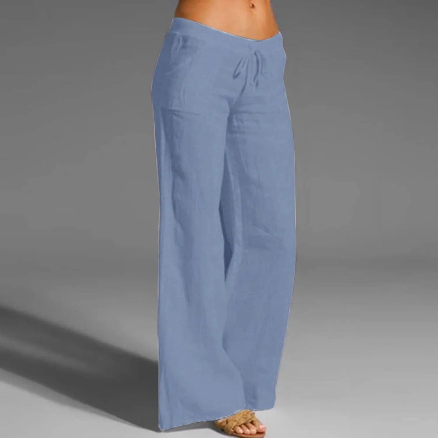 Women Linen Pants Dressy Casual Straight Leg High Elastic Waist Beach Trousers Trendy Drawstring Relaxed Fit Pant with Pocket