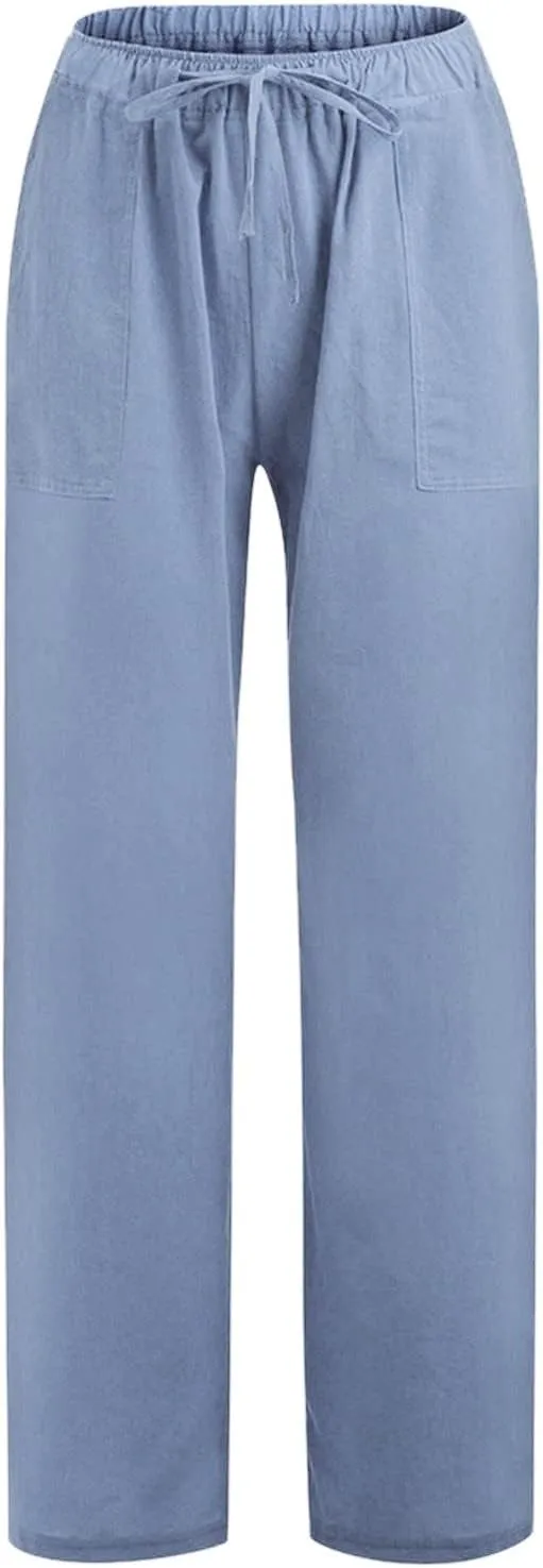 Women Linen Pants Dressy Casual Straight Leg High Elastic Waist Beach Trousers Trendy Drawstring Relaxed Fit Pant with Pocket