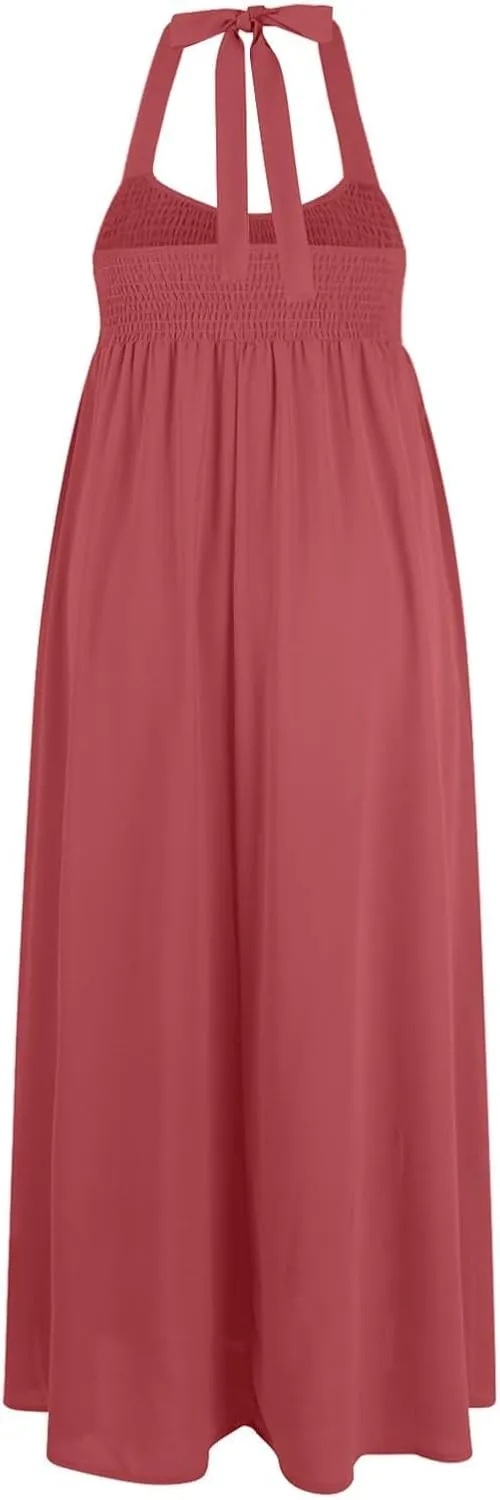 Women Loose Fit Flowy Spaghetti Strap Summer Casual Sleeveless Dress Flowy Long Maxi Beach Vacation Dresses Pockets