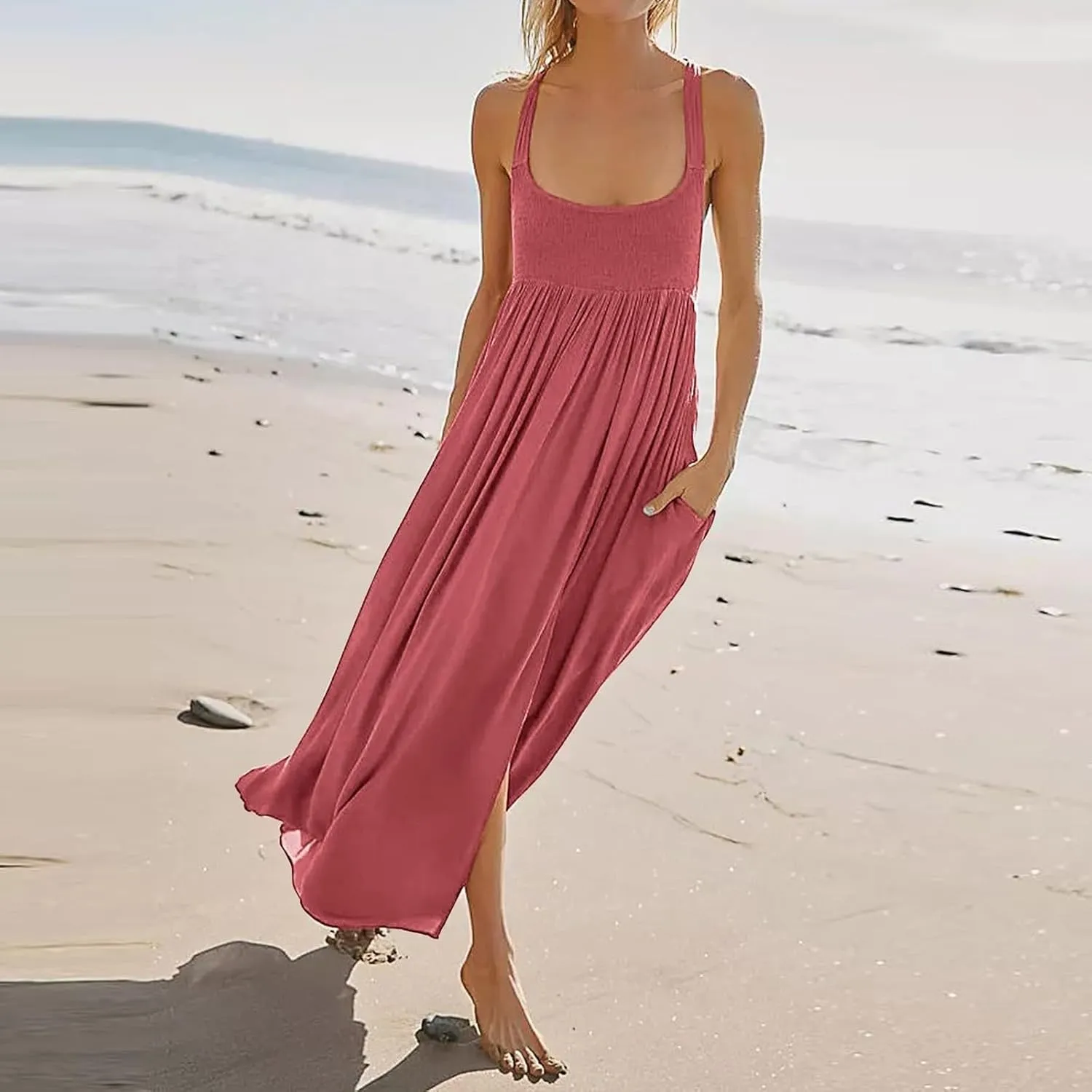 Women Loose Fit Flowy Spaghetti Strap Summer Casual Sleeveless Dress Flowy Long Maxi Beach Vacation Dresses Pockets