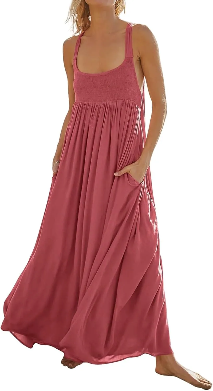 Women Loose Fit Flowy Spaghetti Strap Summer Casual Sleeveless Dress Flowy Long Maxi Beach Vacation Dresses Pockets