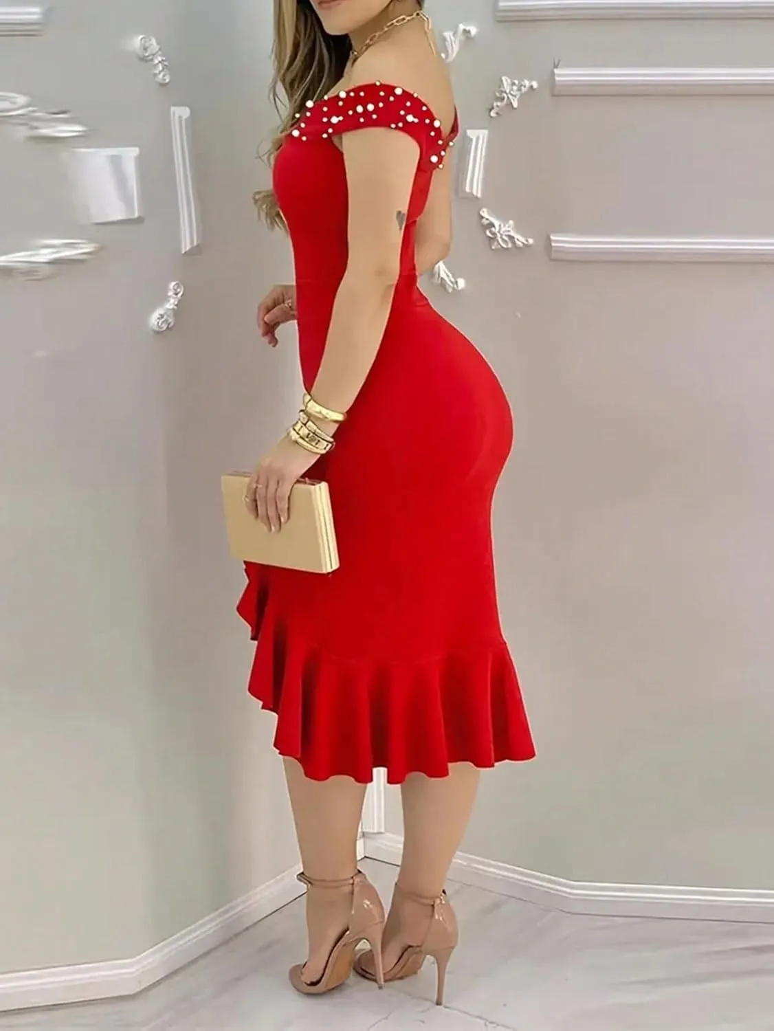 Women Midi Dresses Off Shoulder Ruffle Hem Midi Dress
