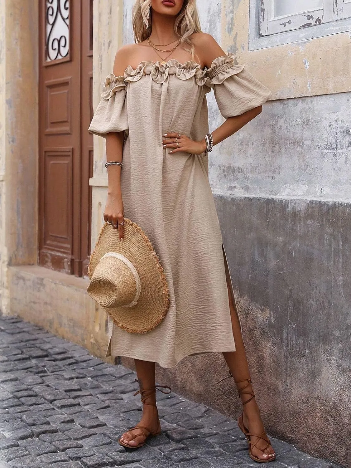 Women Midi Dresses Off Shoulder Ruffle Trim Slit Dress Beach