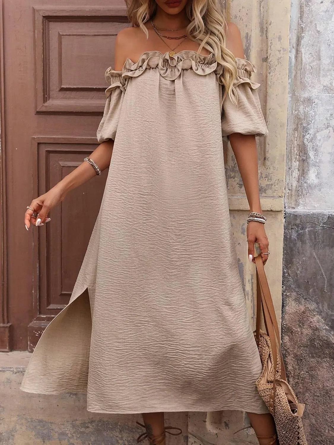 Women Midi Dresses Off Shoulder Ruffle Trim Slit Dress Beach