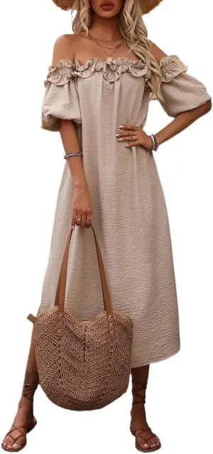 Women Midi Dresses Off Shoulder Ruffle Trim Slit Dress Beach