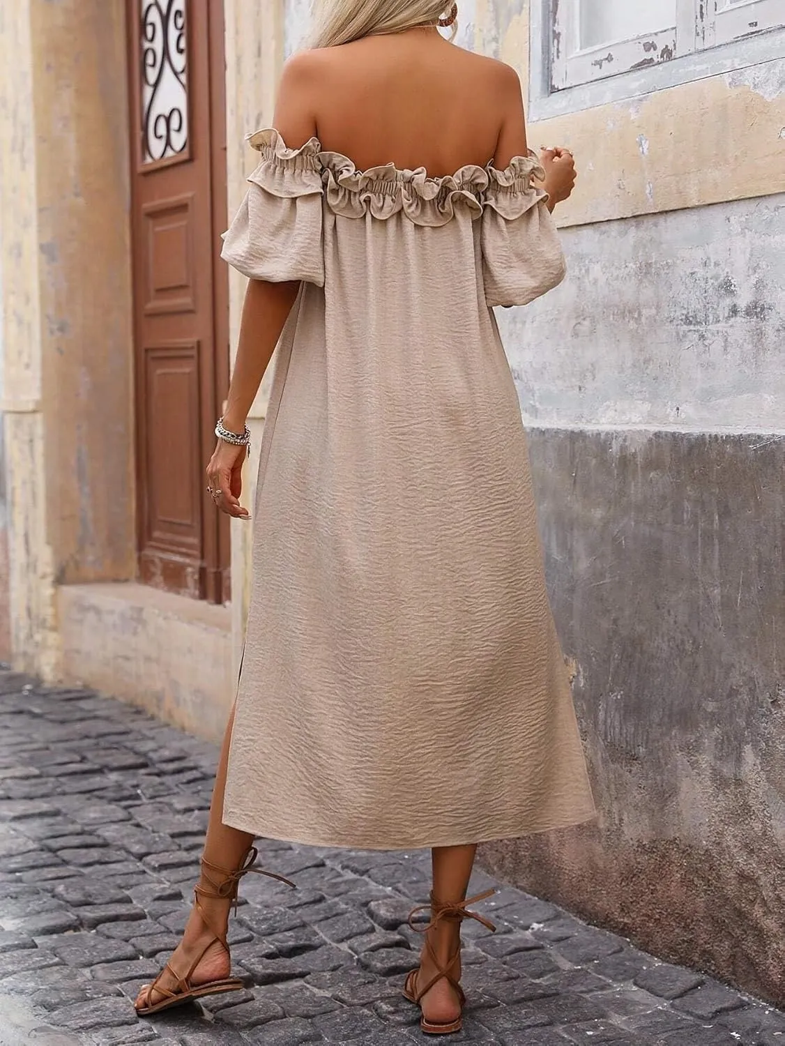 Women Midi Dresses Off Shoulder Ruffle Trim Slit Dress Beach