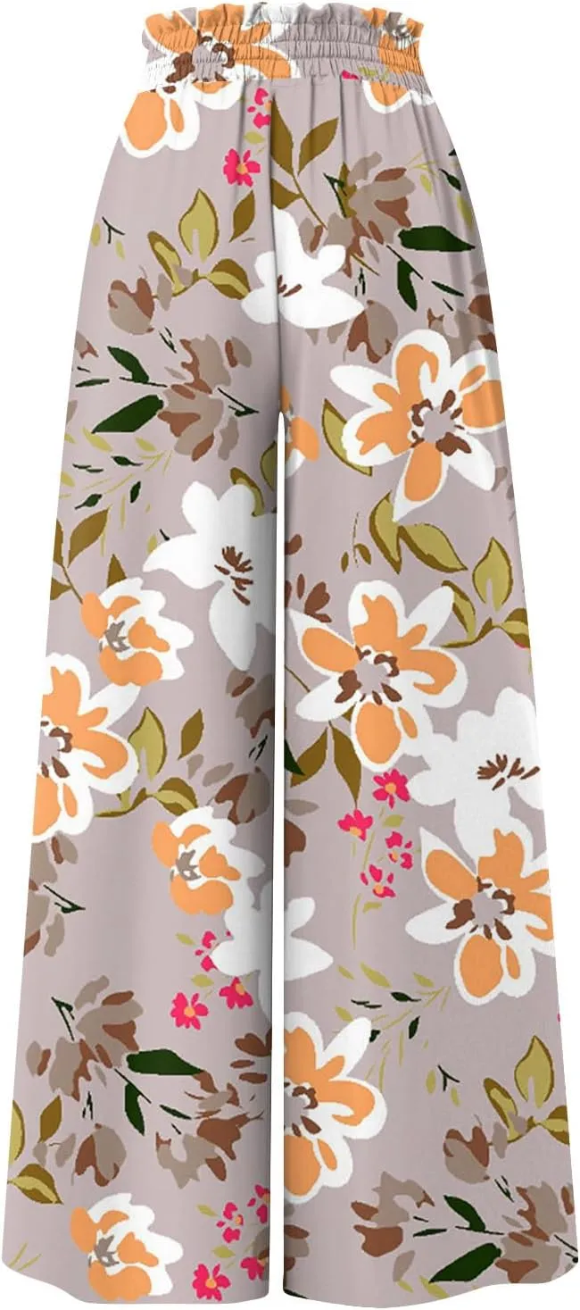 Women Palazzo Pants Summer Boho Wide Leg High Waist Casual Lounge Yoga Pants with Pockets Trousers