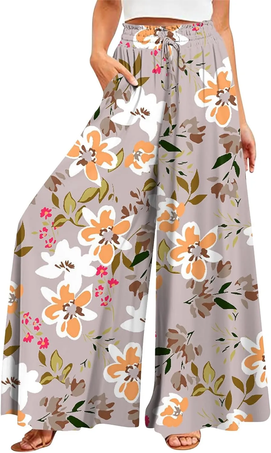 Women Palazzo Pants Summer Boho Wide Leg High Waist Casual Lounge Yoga Pants with Pockets Trousers
