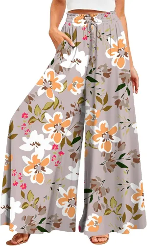 Women Palazzo Pants Summer Boho Wide Leg High Waist Casual Lounge Yoga Pants with Pockets Trousers