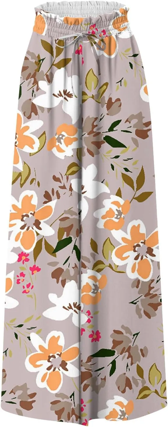 Women Palazzo Pants Summer Boho Wide Leg High Waist Casual Lounge Yoga Pants with Pockets Trousers