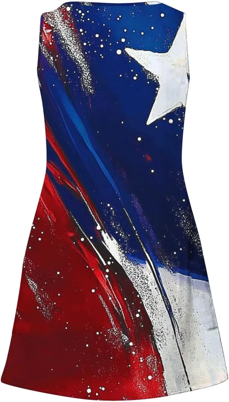 Women Patriotic Cover Up Dress Vintage Sleeveless V Neck Beach Sundress 4th of July Summer Mini Dresses with Pockets