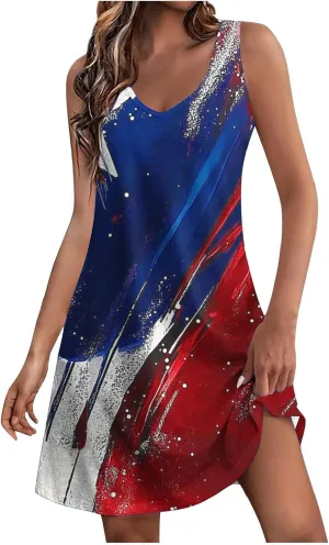 Women Patriotic Cover Up Dress Vintage Sleeveless V Neck Beach Sundress 4th of July Summer Mini Dresses with Pockets
