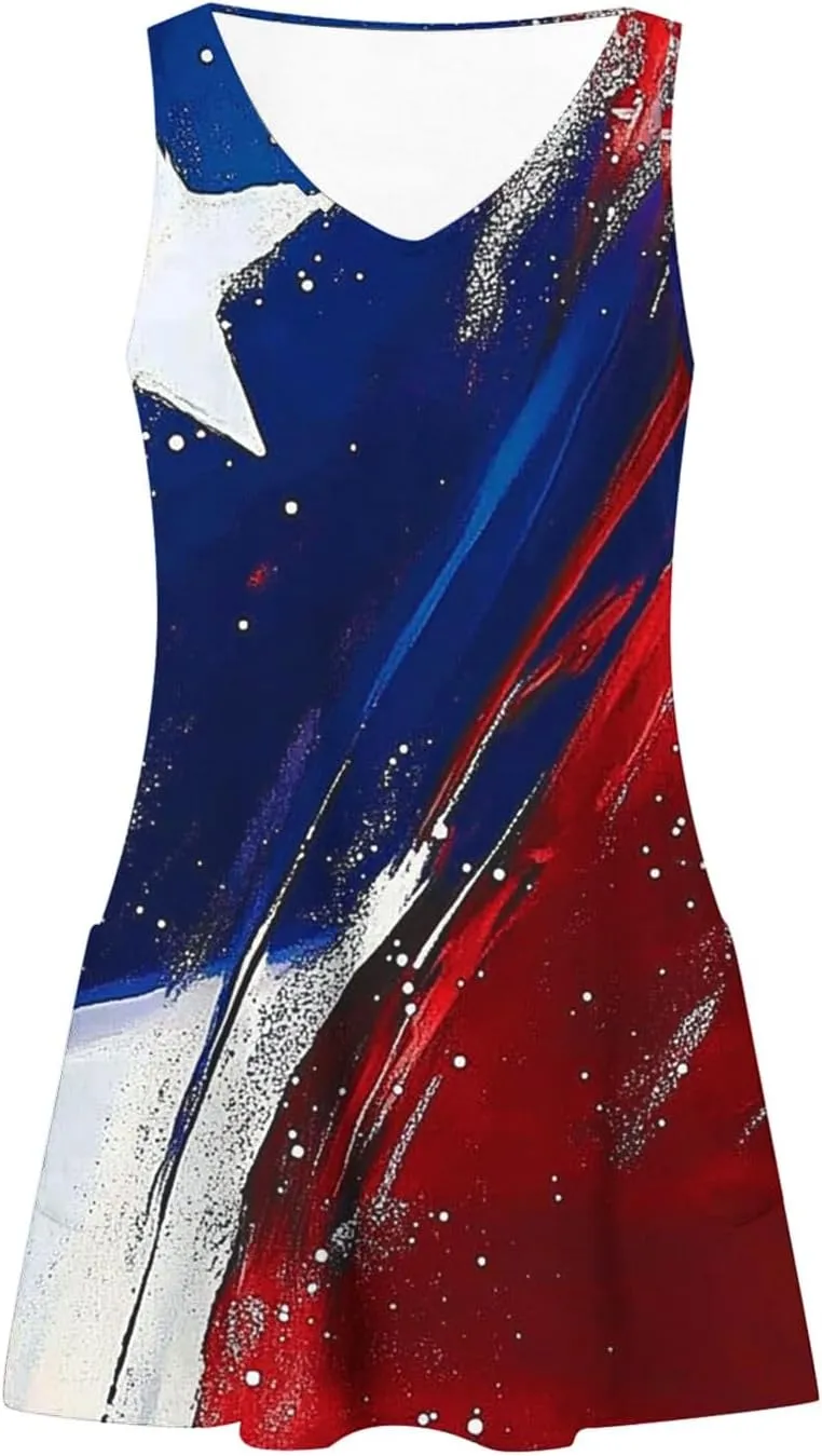 Women Patriotic Cover Up Dress Vintage Sleeveless V Neck Beach Sundress 4th of July Summer Mini Dresses with Pockets