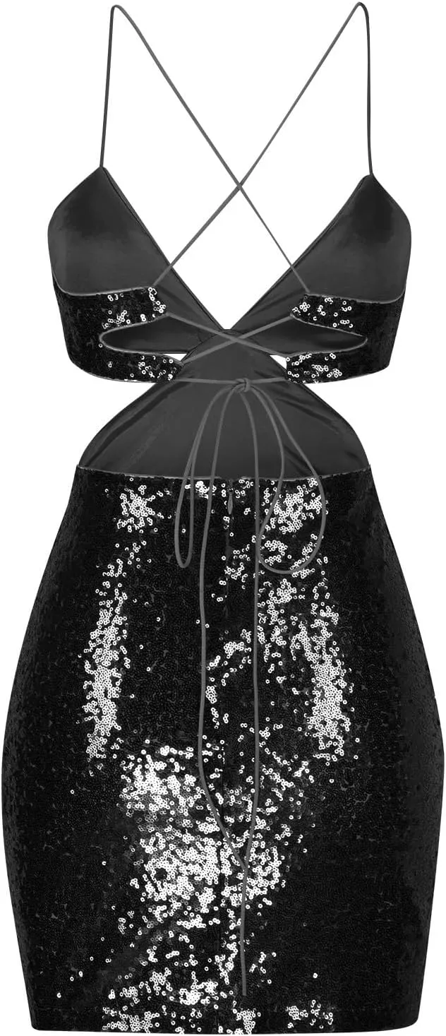 Women Sexy Sequin Mini Dress Cut Out Backless Bodycon Dresses Cocktail Party Evening Gown Sparkly Glitter Clothes