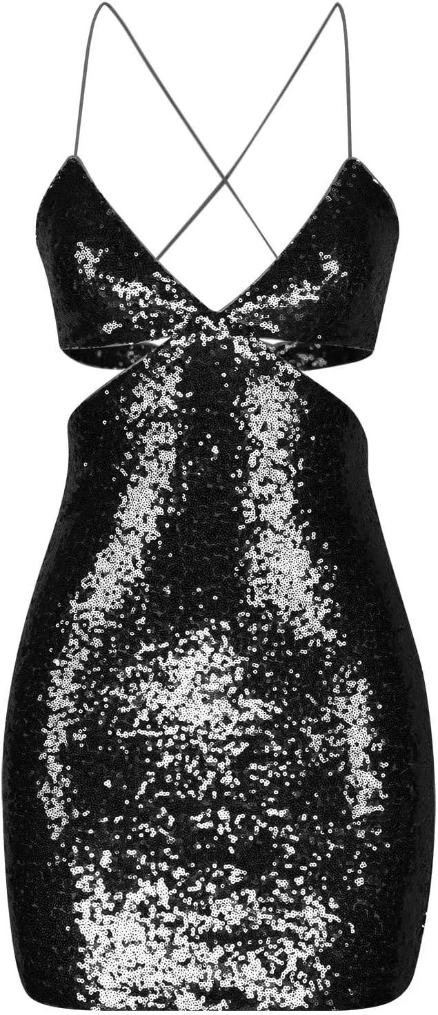 Women Sexy Sequin Mini Dress Cut Out Backless Bodycon Dresses Cocktail Party Evening Gown Sparkly Glitter Clothes