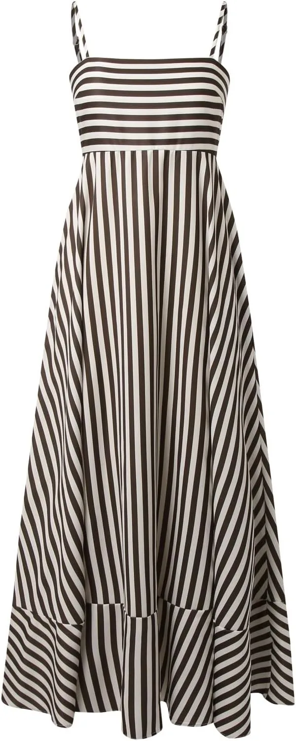 Women Striped Sleeveless Maxi Dress Swing Cutout Midi Dress Backless Smocked Spaghetti Strap Boho Flowy Long