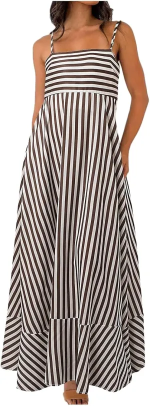 Women Striped Sleeveless Maxi Dress Swing Cutout Midi Dress Backless Smocked Spaghetti Strap Boho Flowy Long