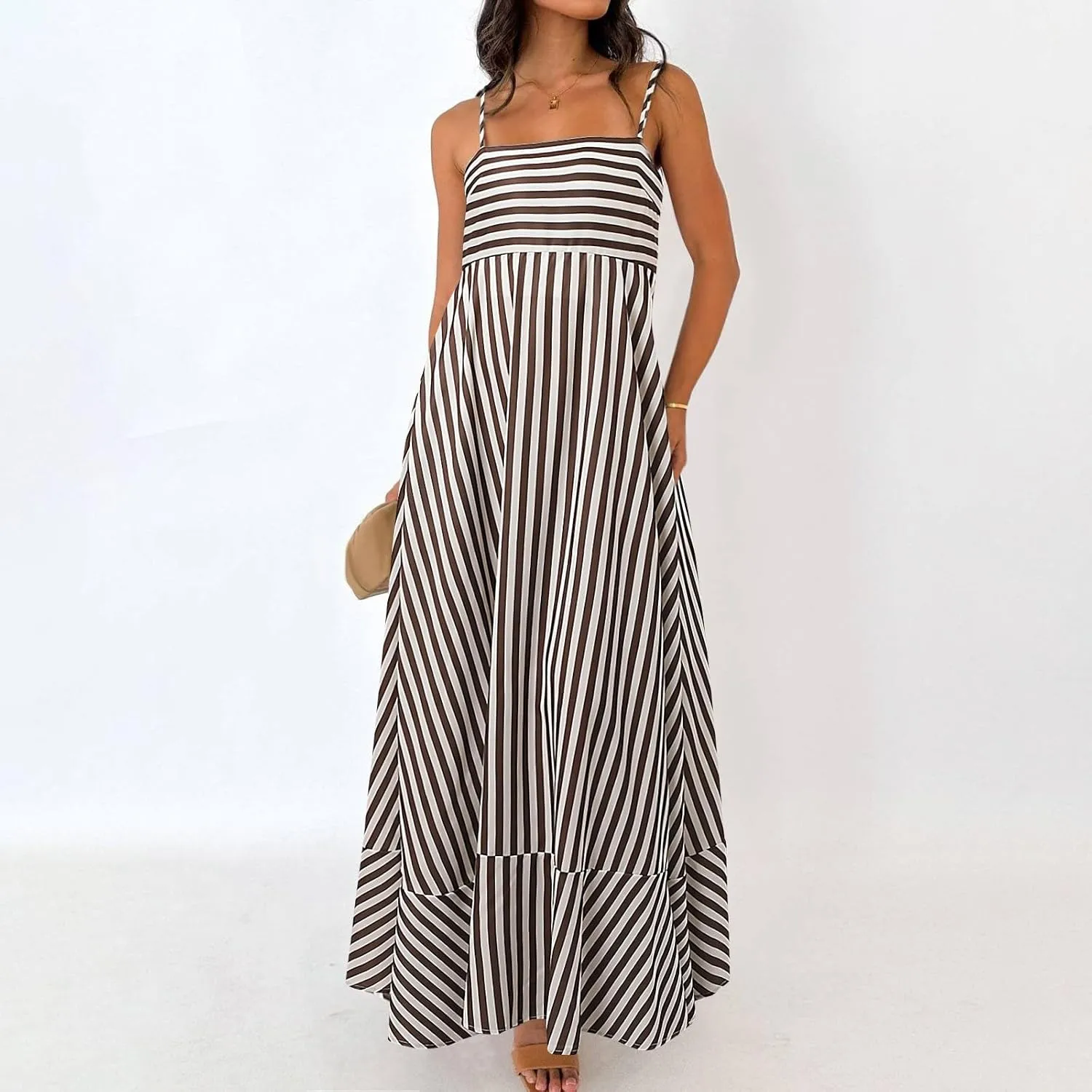 Women Striped Sleeveless Maxi Dress Swing Cutout Midi Dress Backless Smocked Spaghetti Strap Boho Flowy Long