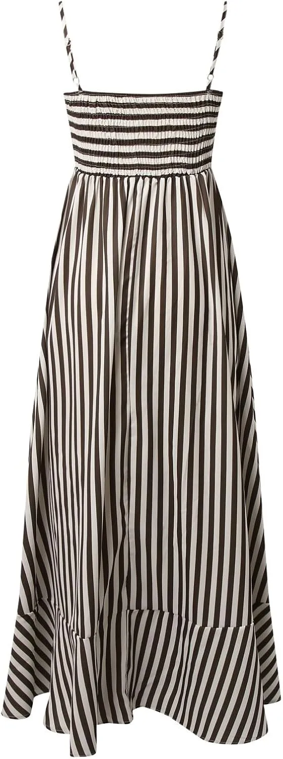 Women Striped Sleeveless Maxi Dress Swing Cutout Midi Dress Backless Smocked Spaghetti Strap Boho Flowy Long