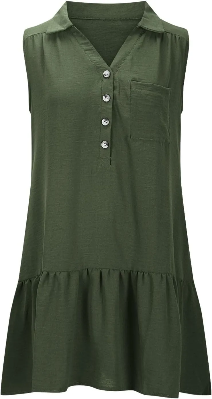 Women Summer Button Shirt Dress Ruched V Neck Sleeveless Sundress with Pocket Loose Casual Vacation Dress 2025