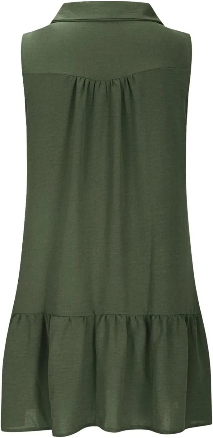 Women Summer Button Shirt Dress Ruched V Neck Sleeveless Sundress with Pocket Loose Casual Vacation Dress 2025
