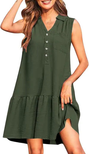 Women Summer Button Shirt Dress Ruched V Neck Sleeveless Sundress with Pocket Loose Casual Vacation Dress 2025