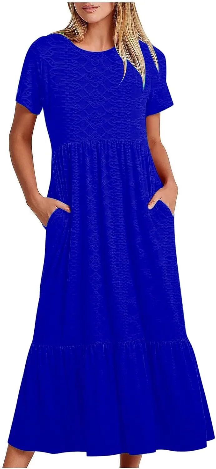 Women Summer Casual Short Sleeve Crewneck Aline Swing Flowy Tiered Shirt Maxi Beach Long Dress 2025 Trendy Outfits