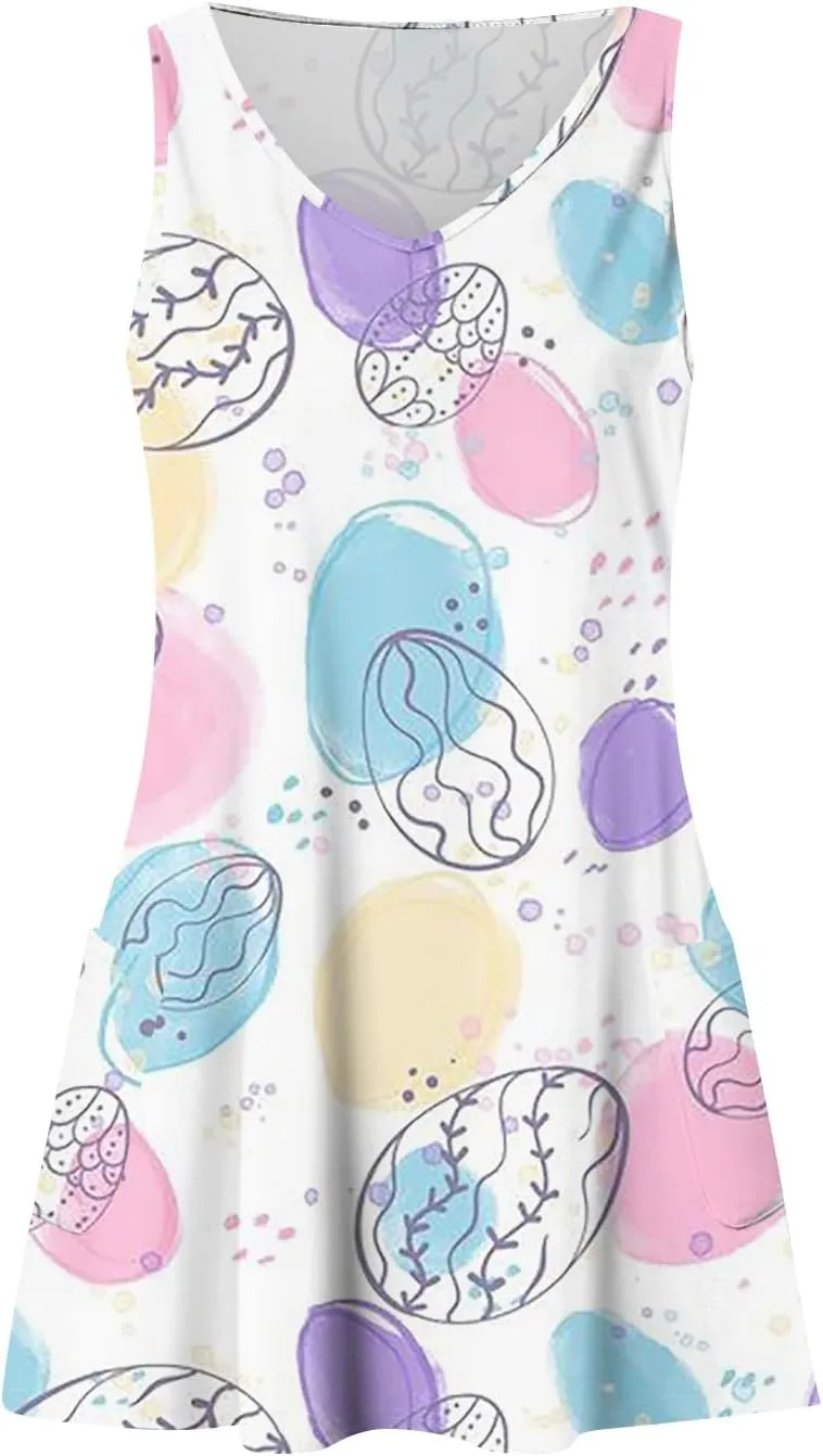 Women Summer Dresses V Neck 2025 Swimsuit Coverup Beach Printed Dress with Pocket Sleeveless Casual Sundress