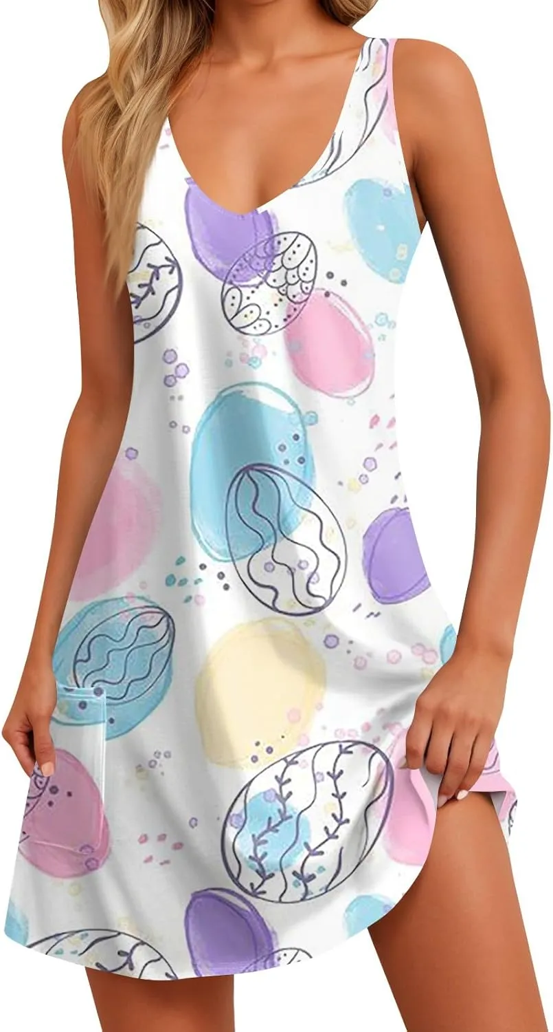 Women Summer Dresses V Neck 2025 Swimsuit Coverup Beach Printed Dress with Pocket Sleeveless Casual Sundress