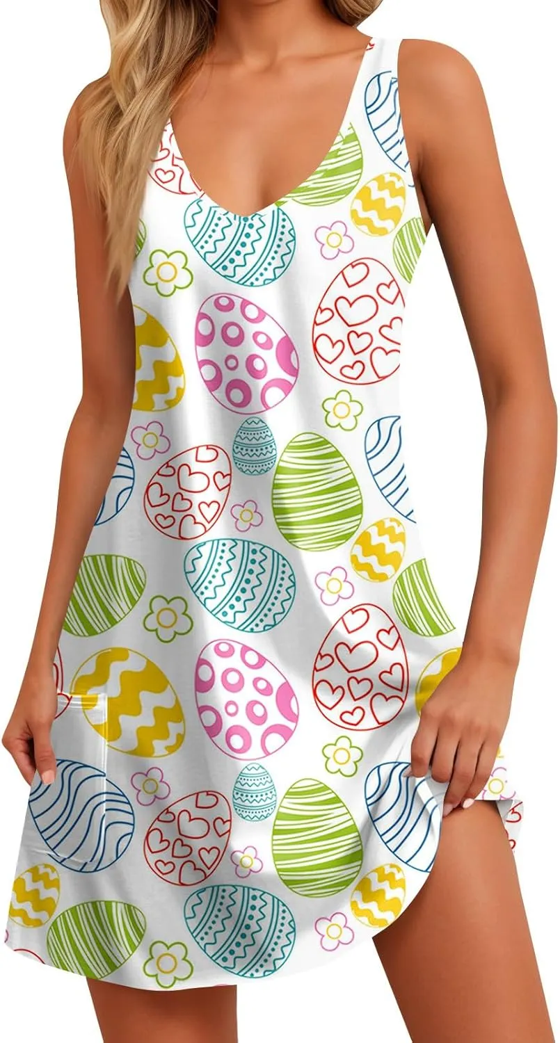 Women Summer Dresses V Neck 2025 Swimsuit Coverup Beach Printed Dress with Pocket Sleeveless Casual Sundress