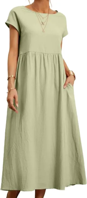 Women Summer Short Sleeve Cotton Linen Casual Pockets Loose Dress Plus Size Crewneck Shirts Elegant Flowy Midi Dress