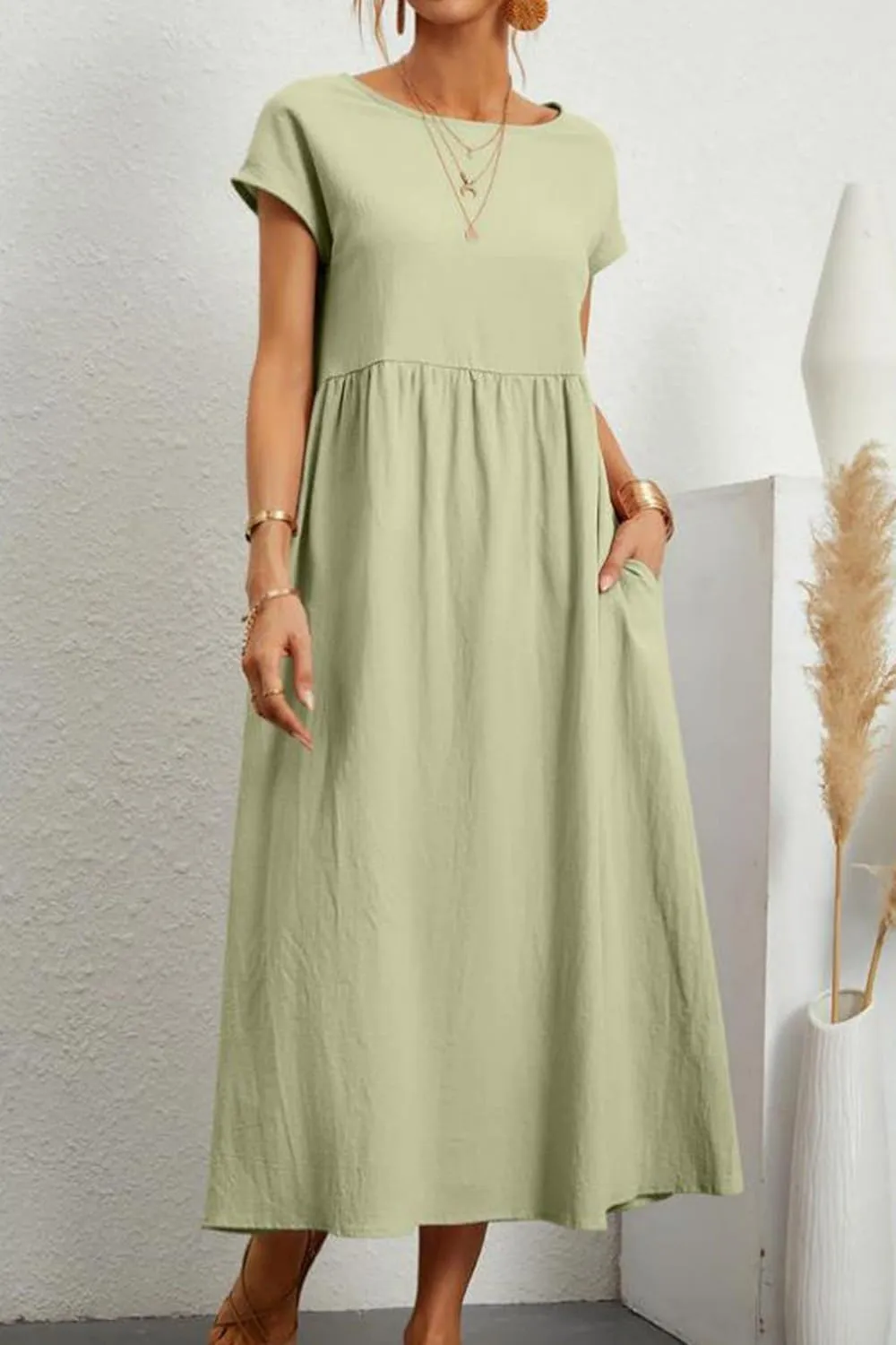 Women Summer Short Sleeve Cotton Linen Casual Pockets Loose Dress Plus Size Crewneck Shirts Elegant Flowy Midi Dress