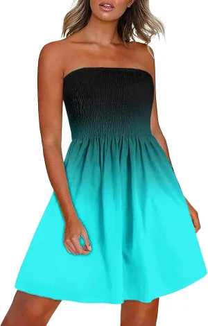 Women Summer Trendy Off Shoulder Sleeveless Tube Dress Casual Dressy Strapless Ruffle Swing Short Shift Dress