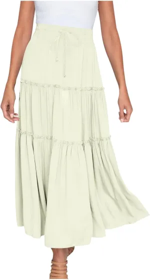 Women's 2024 Bohemian Skirt Casual Elastic High Waist Ruffle Tiered Long Skirt A Line Beach Dress Summer Skirts