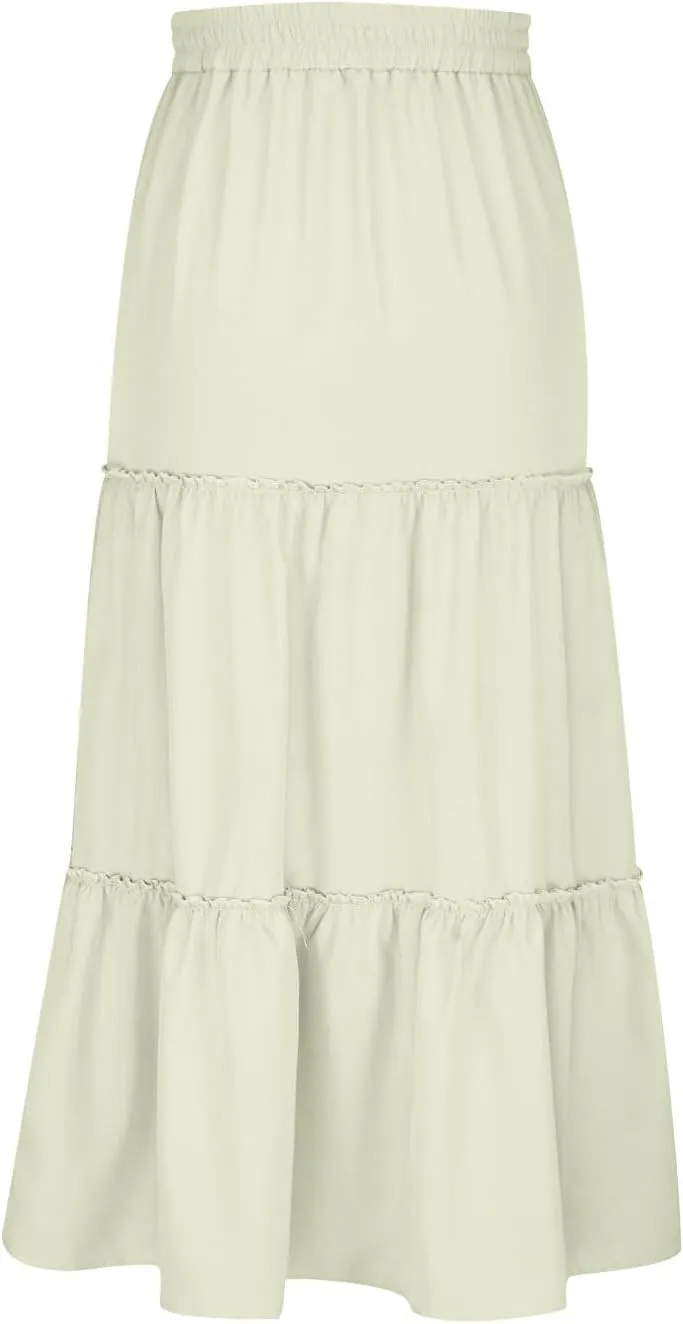 Women's 2024 Bohemian Skirt Casual Elastic High Waist Ruffle Tiered Long Skirt A Line Beach Dress Summer Skirts
