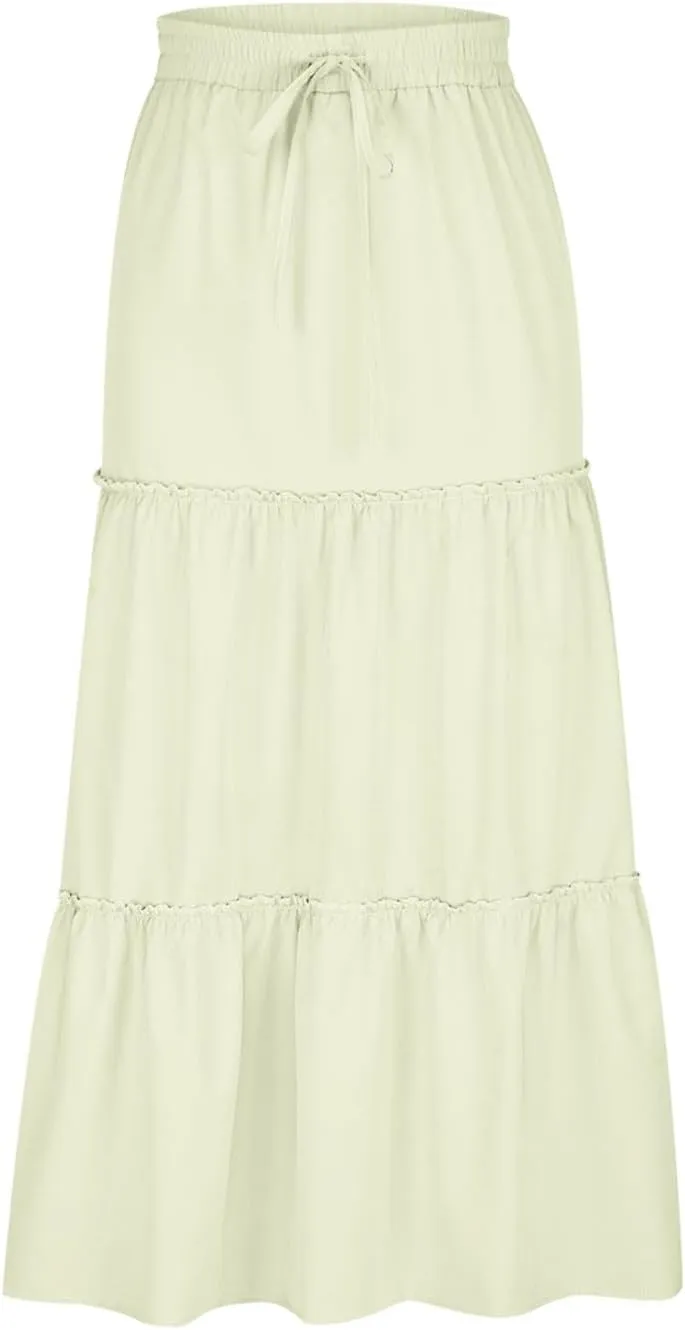 Women's 2024 Bohemian Skirt Casual Elastic High Waist Ruffle Tiered Long Skirt A Line Beach Dress Summer Skirts