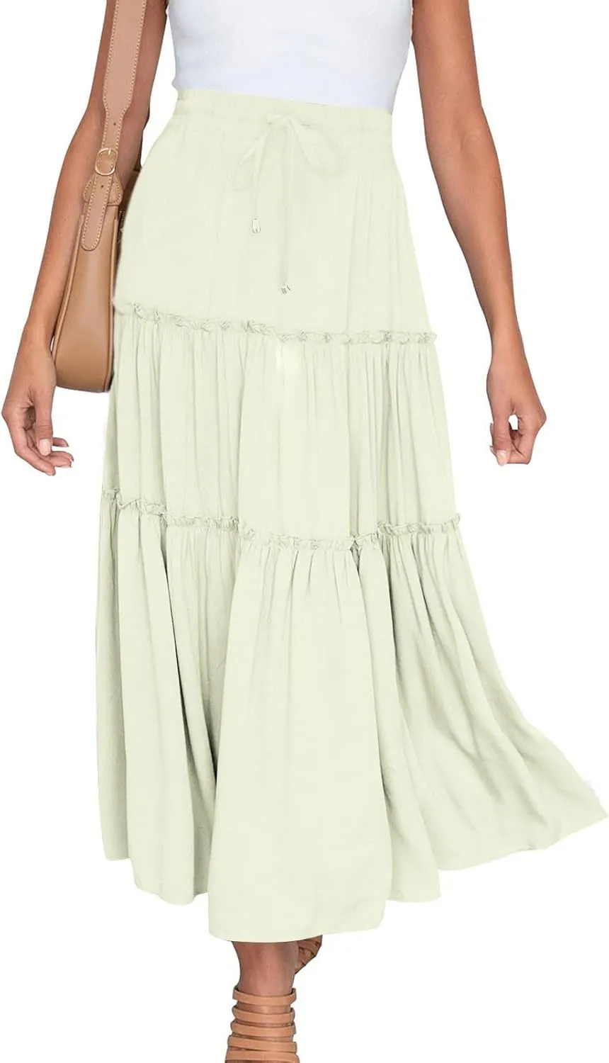 Women's 2024 Bohemian Skirt Casual Elastic High Waist Ruffle Tiered Long Skirt A Line Beach Dress Summer Skirts