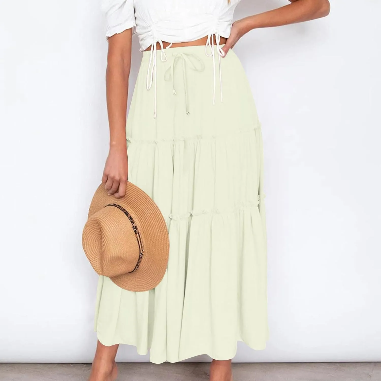 Women's 2024 Bohemian Skirt Casual Elastic High Waist Ruffle Tiered Long Skirt A Line Beach Dress Summer Skirts